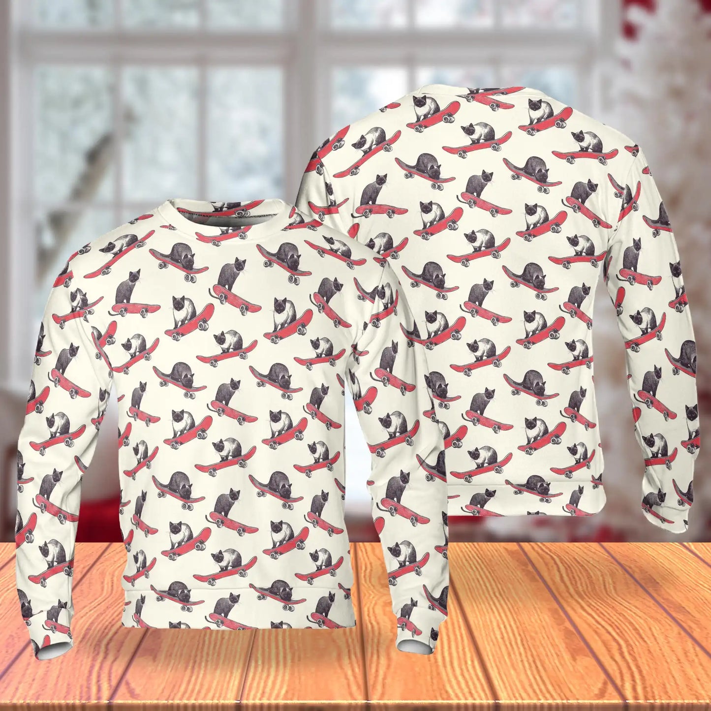 Cats Playing Skateboarding Sweatshirt, 3D All Over Print Funny Cat Skateboard Crewneck Pullover for Men Women, Cat Lover Gift - Netecom