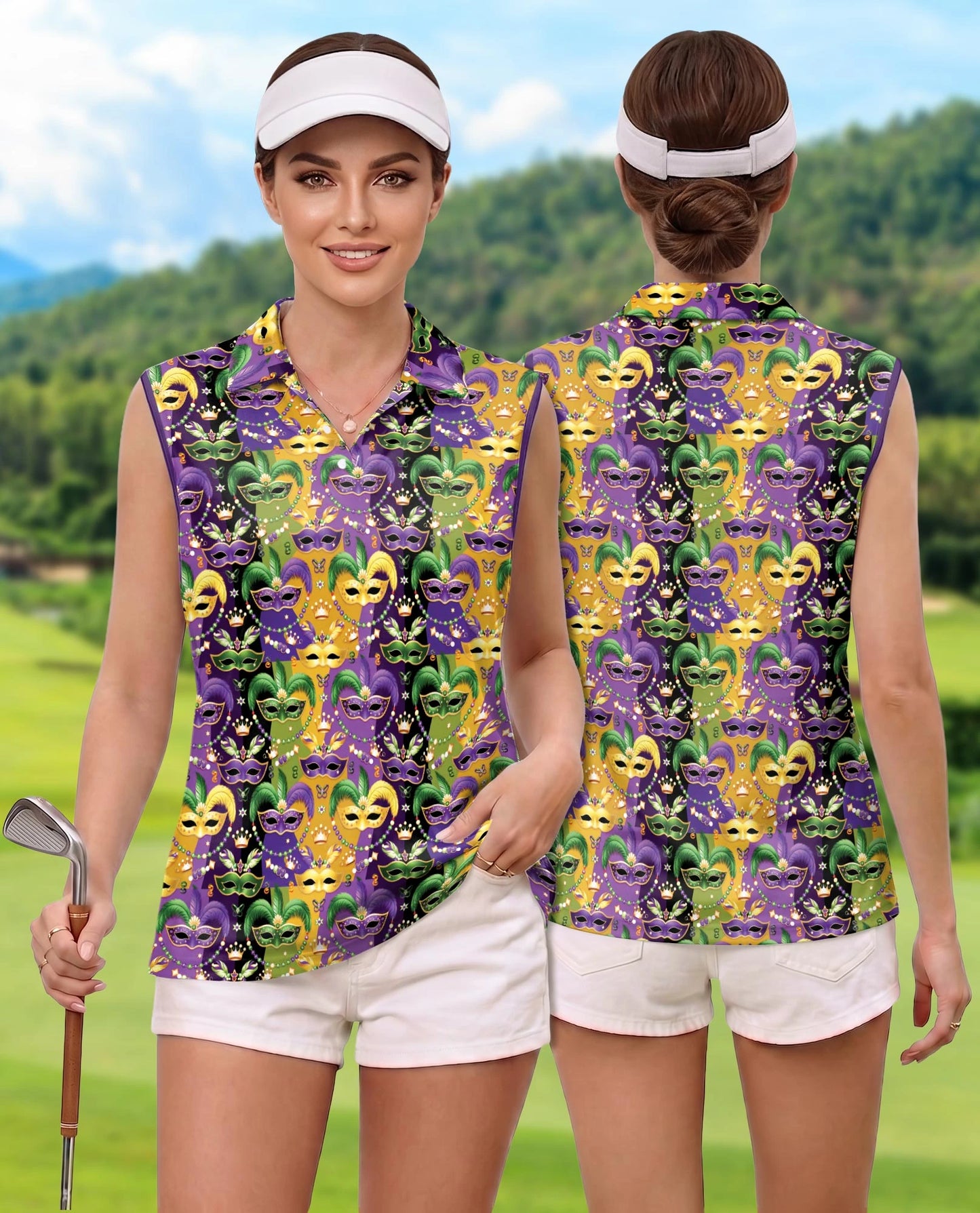 Mardi Gras Mask Sleeveless Polo Shirt for Women | Netecom