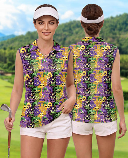 Mardi Gras Mask Sleeveless Polo Shirt for Women | Netecom