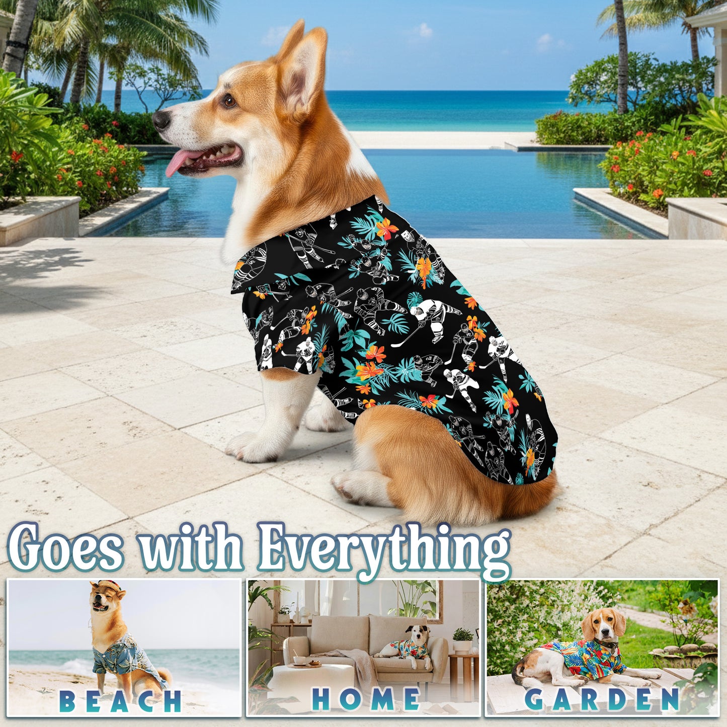 Netecom Matching Hockey Hawaiian Shirt for Dog and Owner, Black Tropical Flower Aloha Shirt, Hockey Player Print Summer Shirt for Pet and Human, Beach Vacation Outfit
