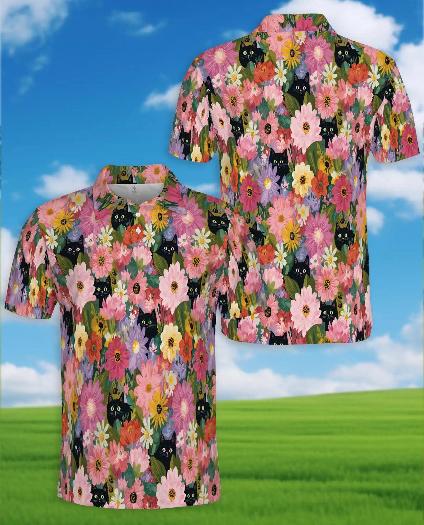 Black Cat Floral Polo Shirt - Colorful Garden Kitty Style | Netecom