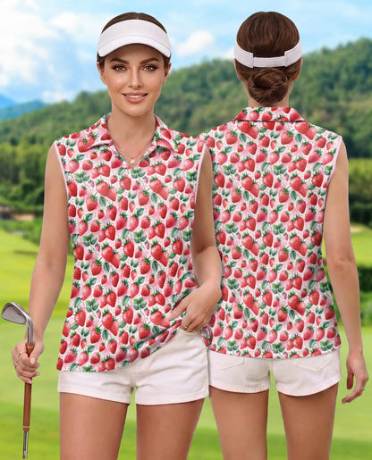 Allover Strawberry Print Sleeveless Polo Shirt for Women | Netecom