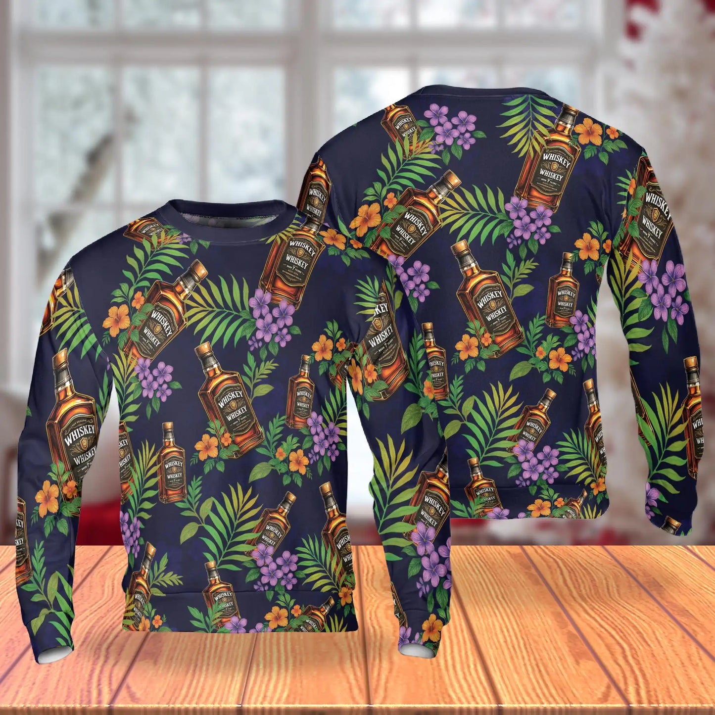 Tropical Whiskey Bottle Floral Sweatshirt, 3D All Over Print Tropical Botanical Crewneck Pullover for Men Women, Whiskey Lover Gift - Netecom