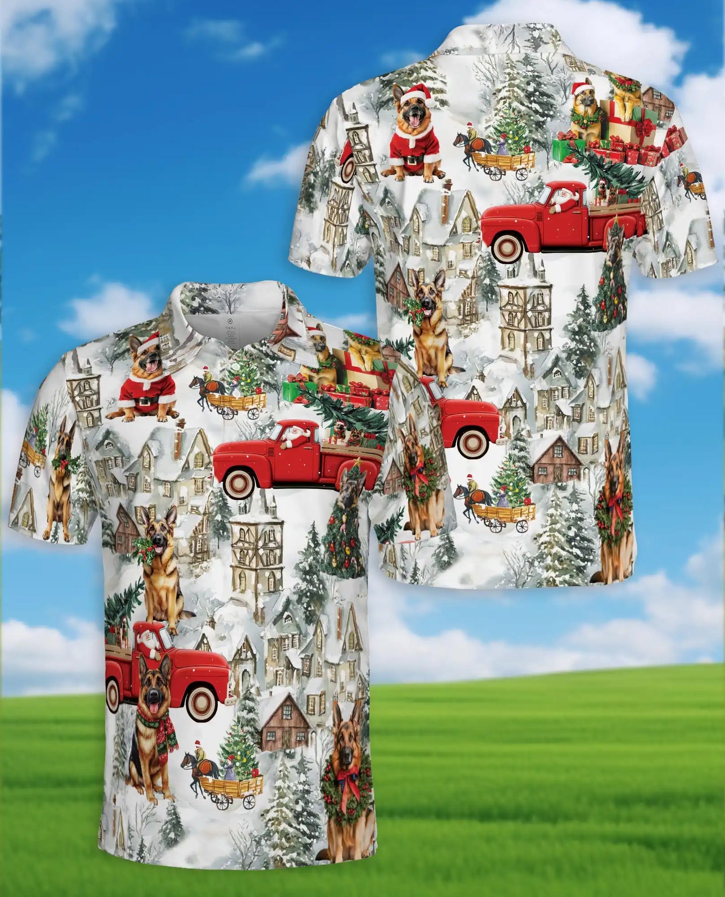 German Shepherd Christmas Polo Shirt – Winter Village Print | Netecom