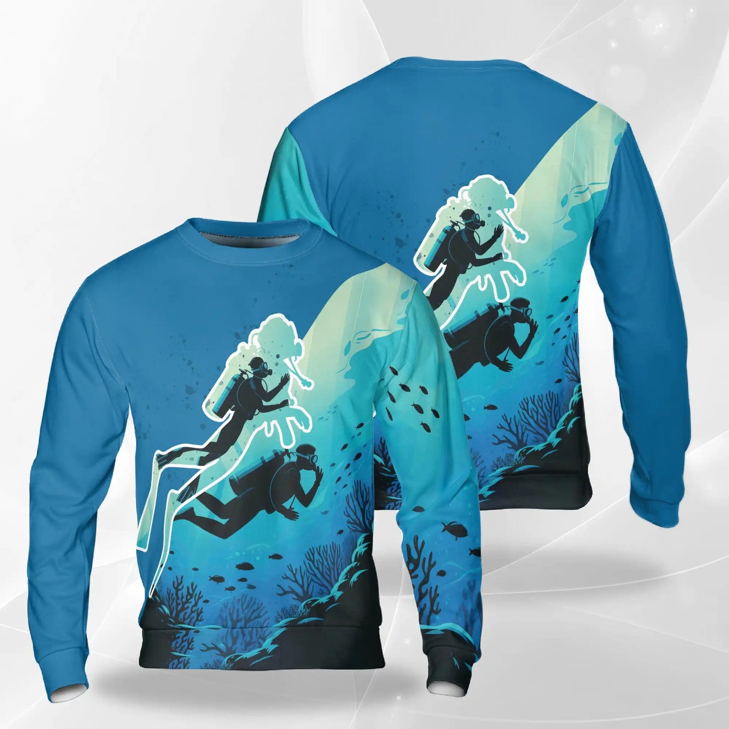 Underwater Landscape Diver Silhouette Sweatshirt, 3D All Over Print Ocean Scuba Crewneck Pullover for Men Women, Diving Lover Gift - Netecom