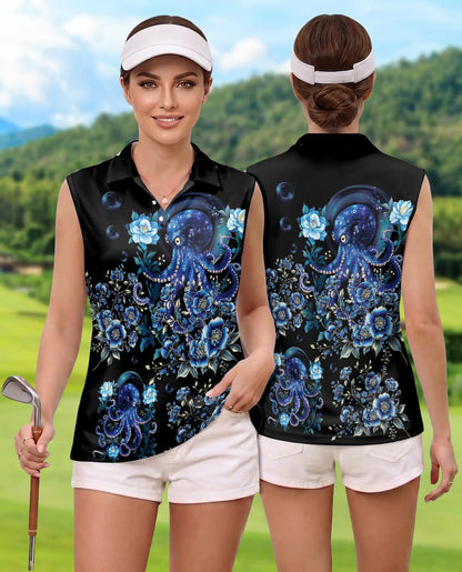 Blue Octopus Floral Sleeveless Polo Shirt for Women – Ocean Tropical Style | Netecom