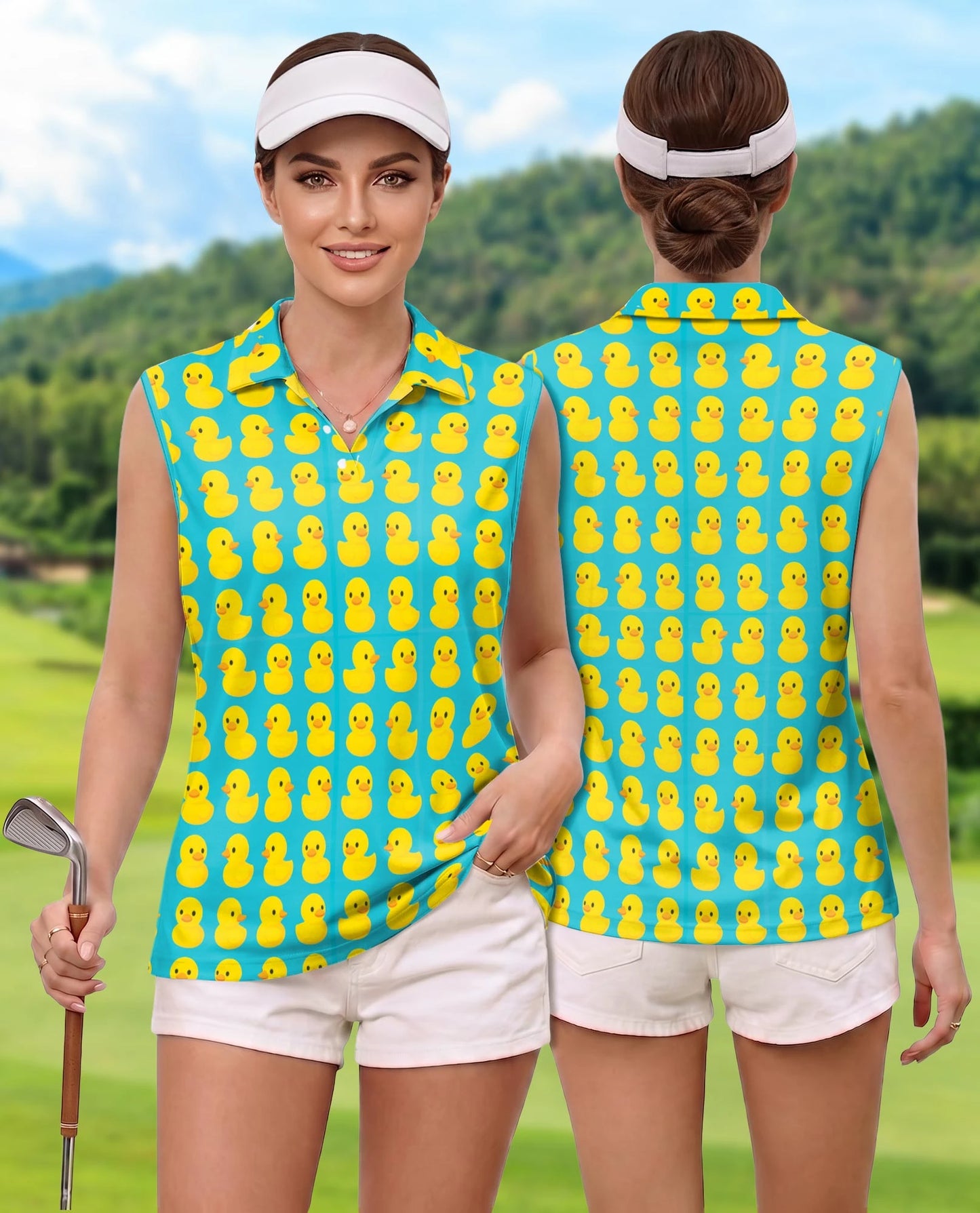 Cute Duck Print Sleeveless Polo Shirt for Women – Adorable Animal Style | Netecom