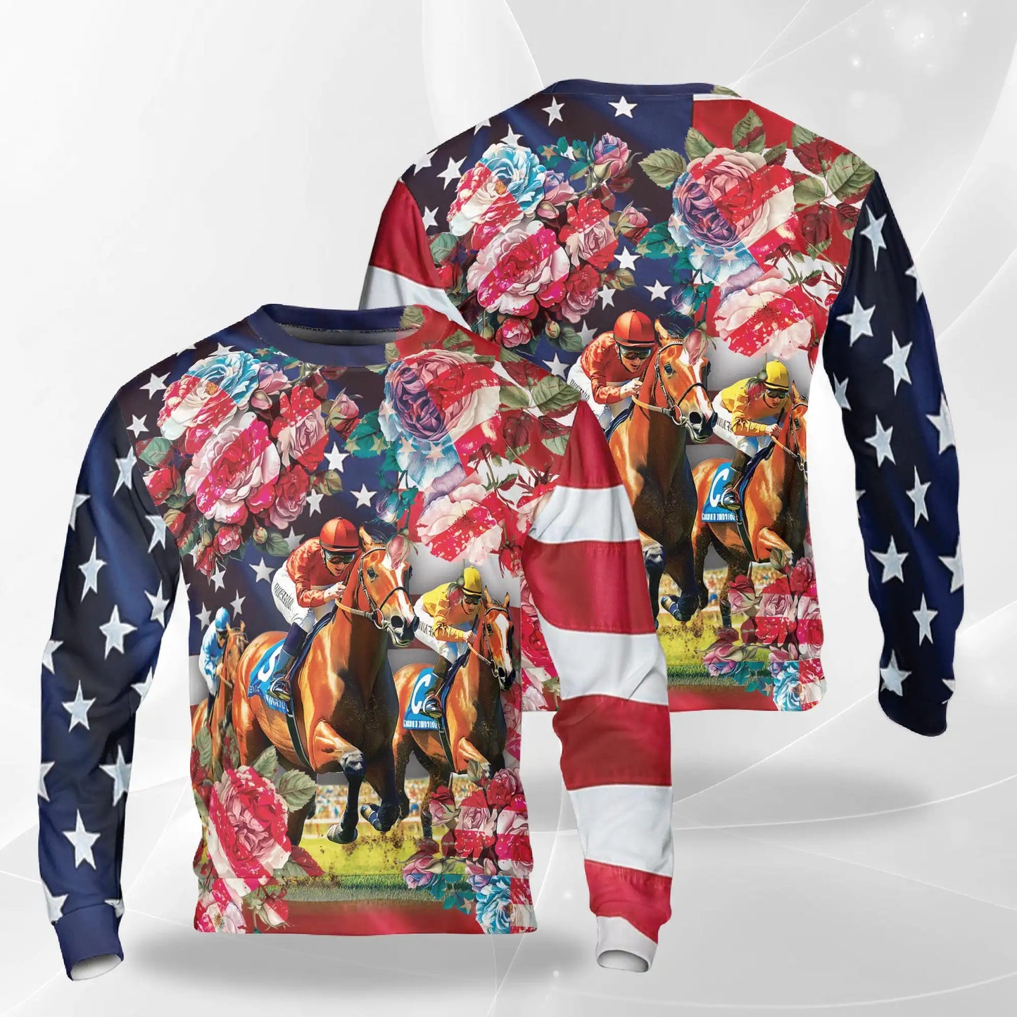 American Flag Rose Horse Racing Sweatshirt, 3D All Over Print Patriotic Equestrian Crewneck Pullover for Men Women, Horse Racing Lover Gift - Netecom