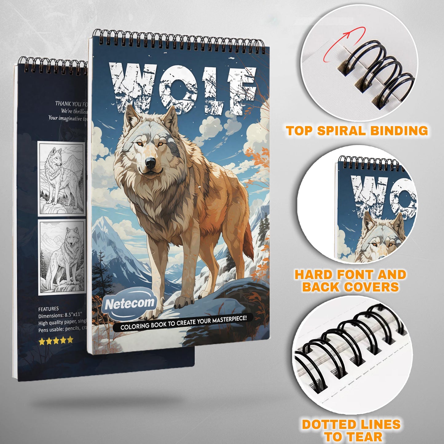 Wolf Spiral Bound Coloring Book, Majestic Wolves in Artistic Scenes, Ideal for Animal Lovers and Those Seeking Powerful and Serene Art