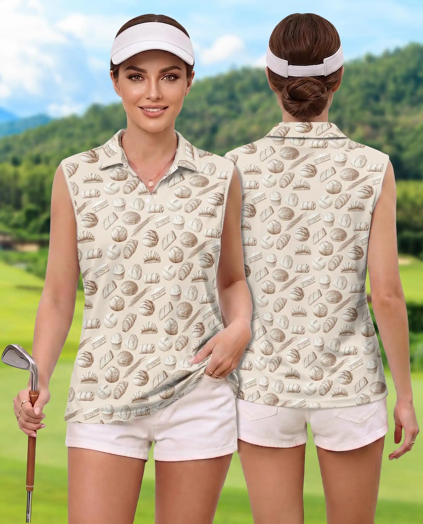 Pastry Pattern Sleeveless Polo Shirt for Women – Cute Bakery Food Style | Netecom