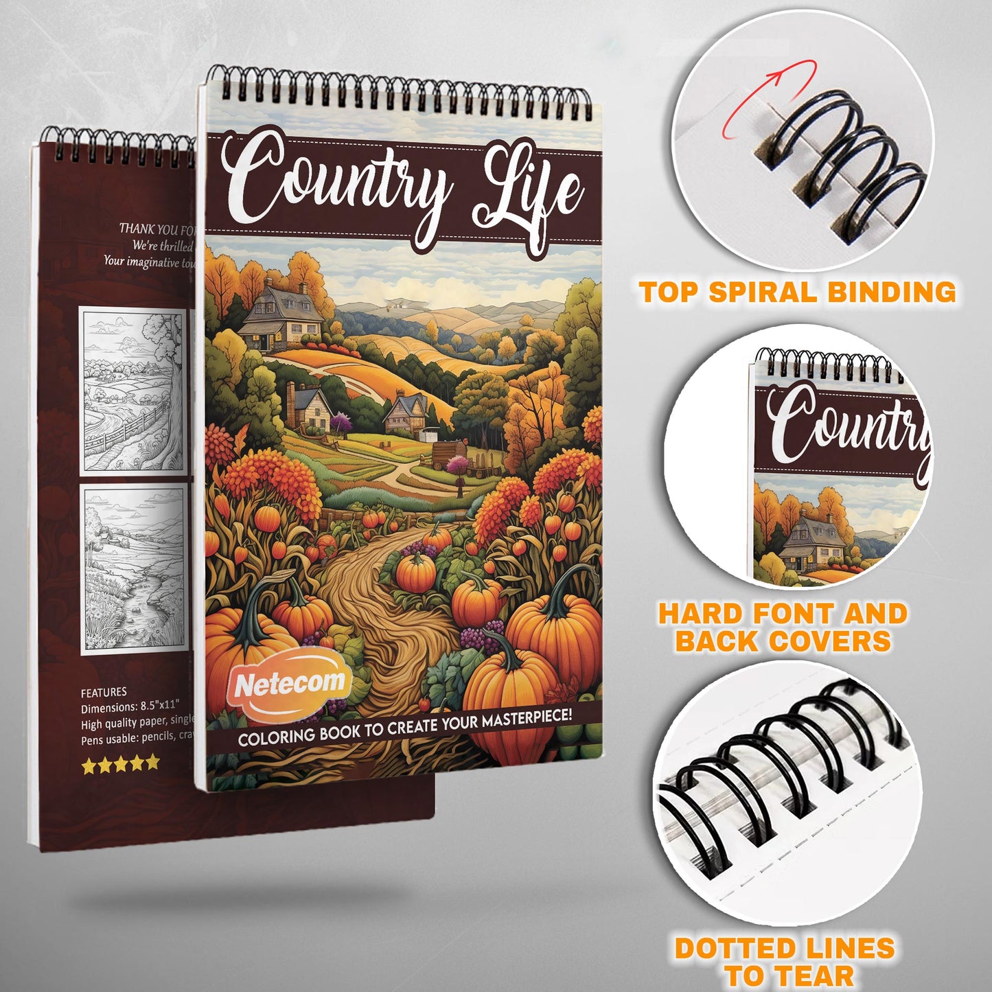 Country Life Spiral Bound Coloring Book, Idyllic Country Life Illustrations for a Peaceful Coloring Experience, Perfect for Rural Beauty Admirers