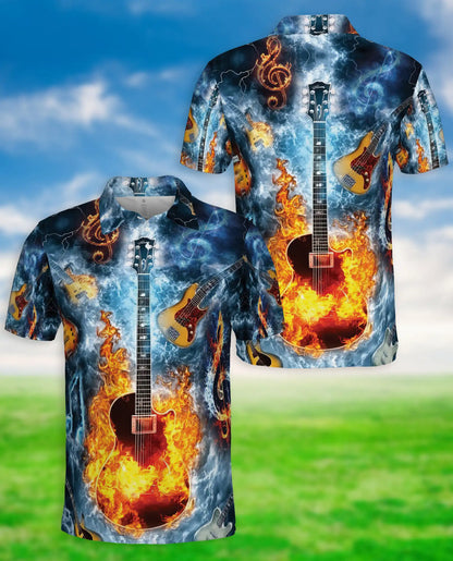 Flaming Guitar 3D Polo Shirt for Men – Rock Music Fire Storm Style | Netecom