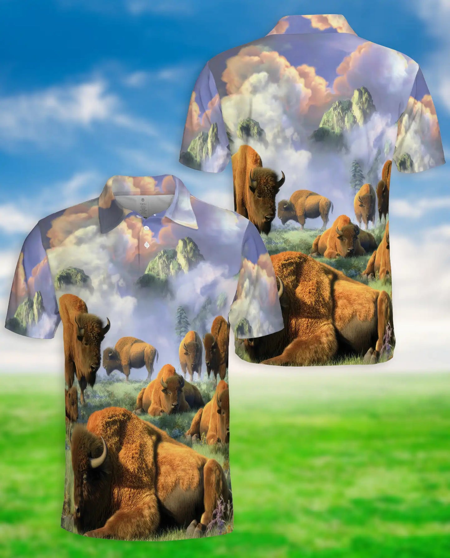 Mystical Bison Polo Shirt for Men – Majestic Wildlife Landscape | Netecom