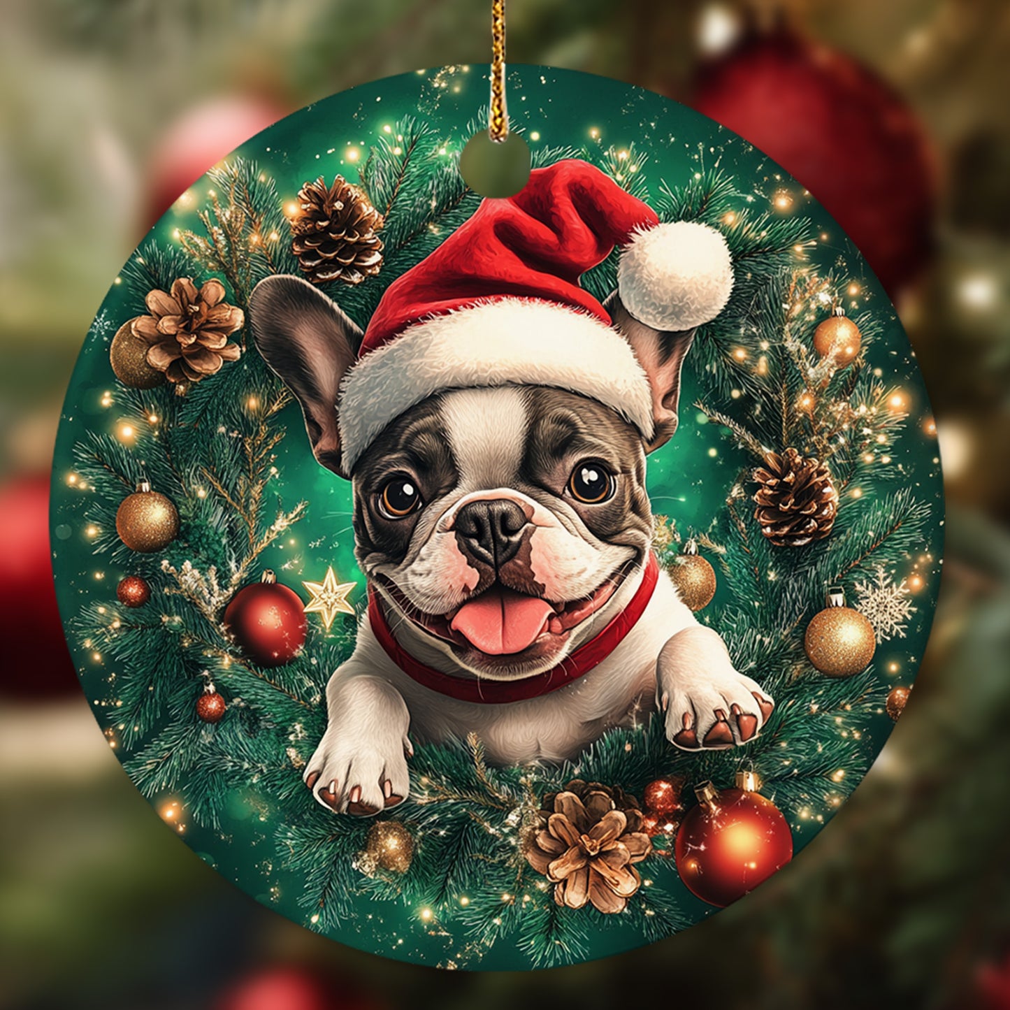 Netecom Funny French Bulldog in Santa Hat Christmas Ornament, Puppy Ceramic Ornament for Xmas Tree Hanging Decorations Gift, Dog Lover Gifts, Holiday Party Present