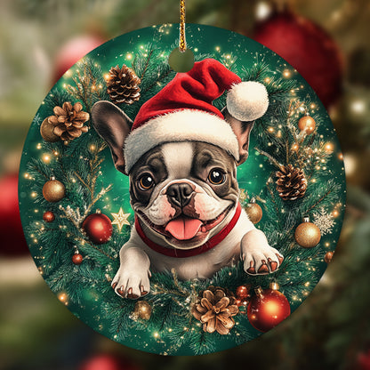 Netecom Funny French Bulldog in Santa Hat Christmas Ornament, Puppy Ceramic Ornament for Xmas Tree Hanging Decorations Gift, Dog Lover Gifts, Holiday Party Present