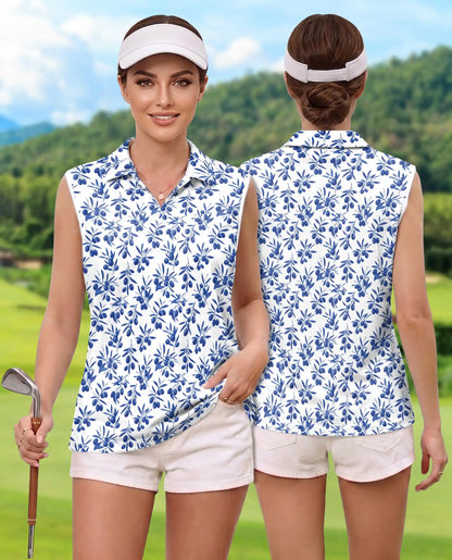 Blue Olive Branch Print Sleeveless Polo Shirt for Women | Netecom