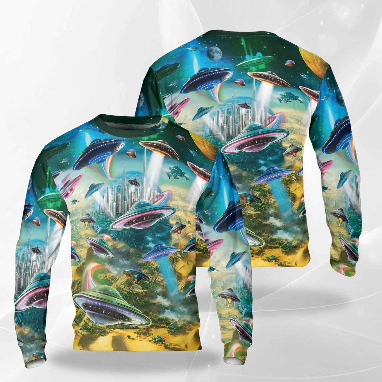 Alien Spaceship Future City Sweatshirt, 3D All Over Print Sci-Fi Cosmic Crewneck Pullover for Men Women, Alien Lover Gift - Netecom
