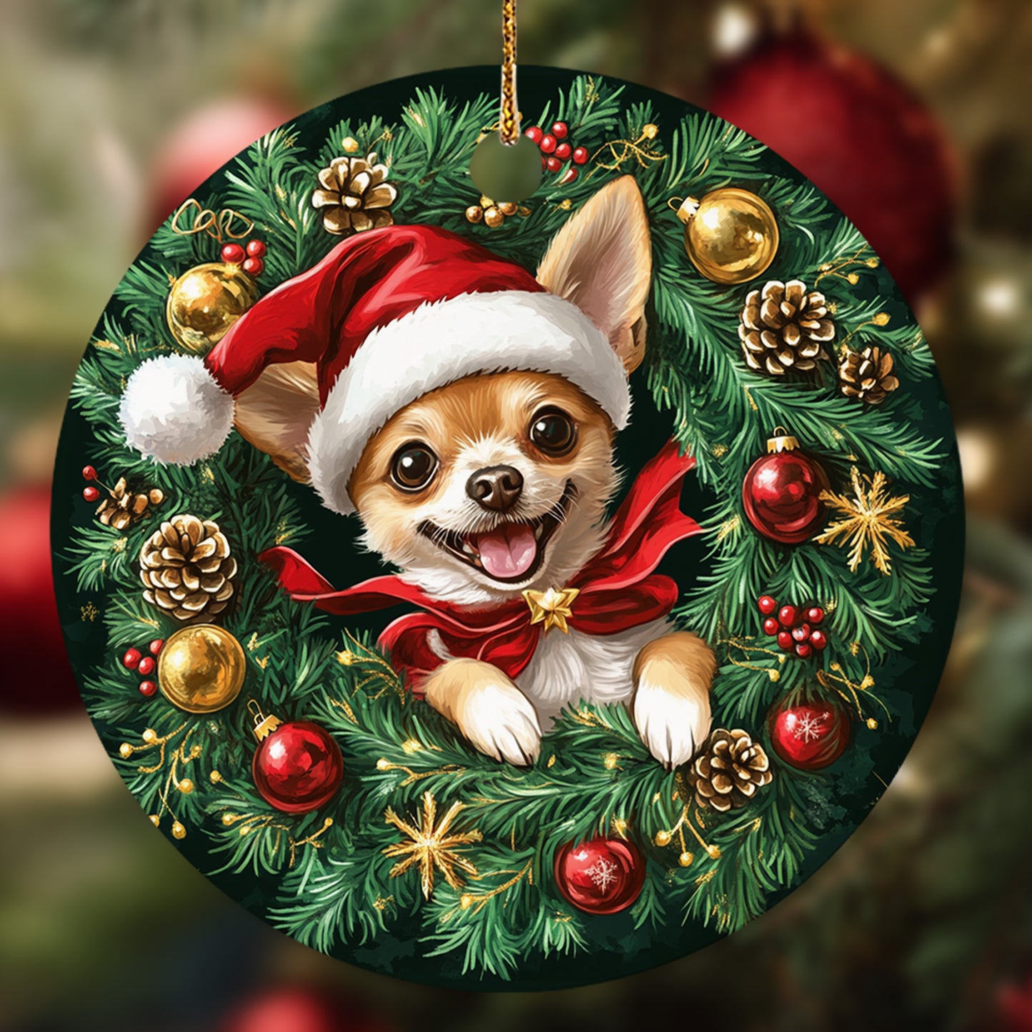 Netecom Funny Chihuahua in Santa Hat Christmas Ornament, Puppy Ceramic Ornament for Xmas Tree Hanging Decorations Gift, Dog Lover Gifts, Holiday Party Present