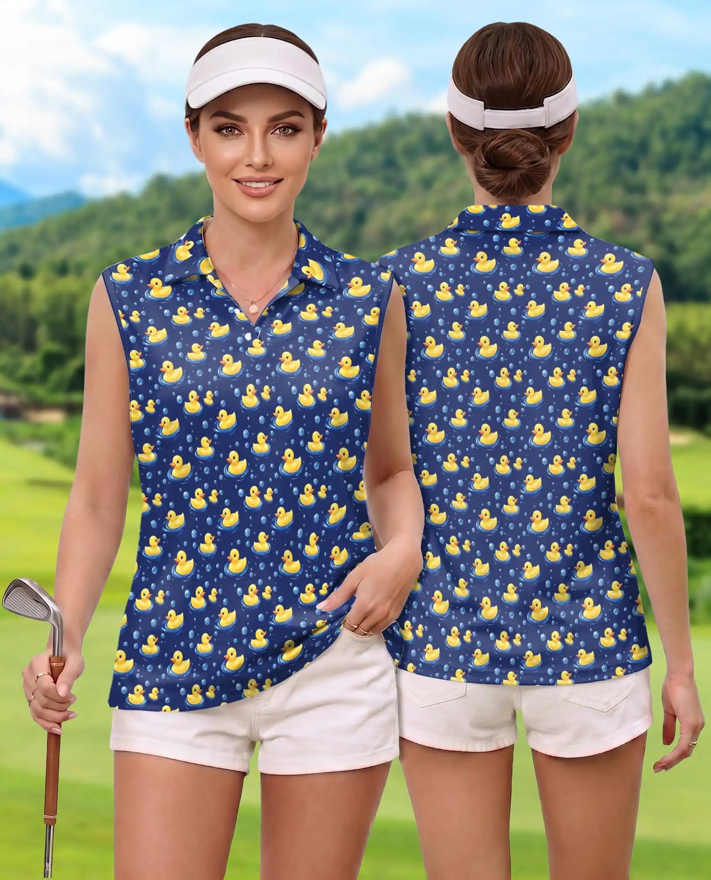 Cartoon Duck Pattern Sleeveless Polo Shirt for Women – Cute Animal Style | Netecom
