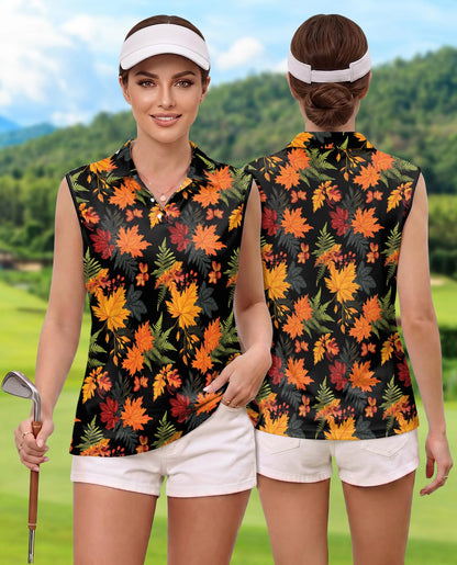Autumn Maple Leaf Pattern Sleeveless Polo Shirt for Women | Netecom