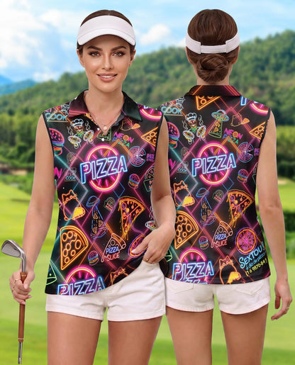 Neon Pizza Sleeveless Polo Shirt for Women – Fun Food Lover Style | Netecom