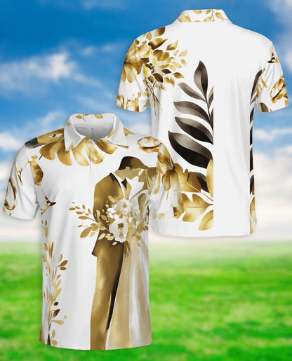 Golden Wedding Couple Polo Shirt For Men-  Bride Groom Print | Netecom