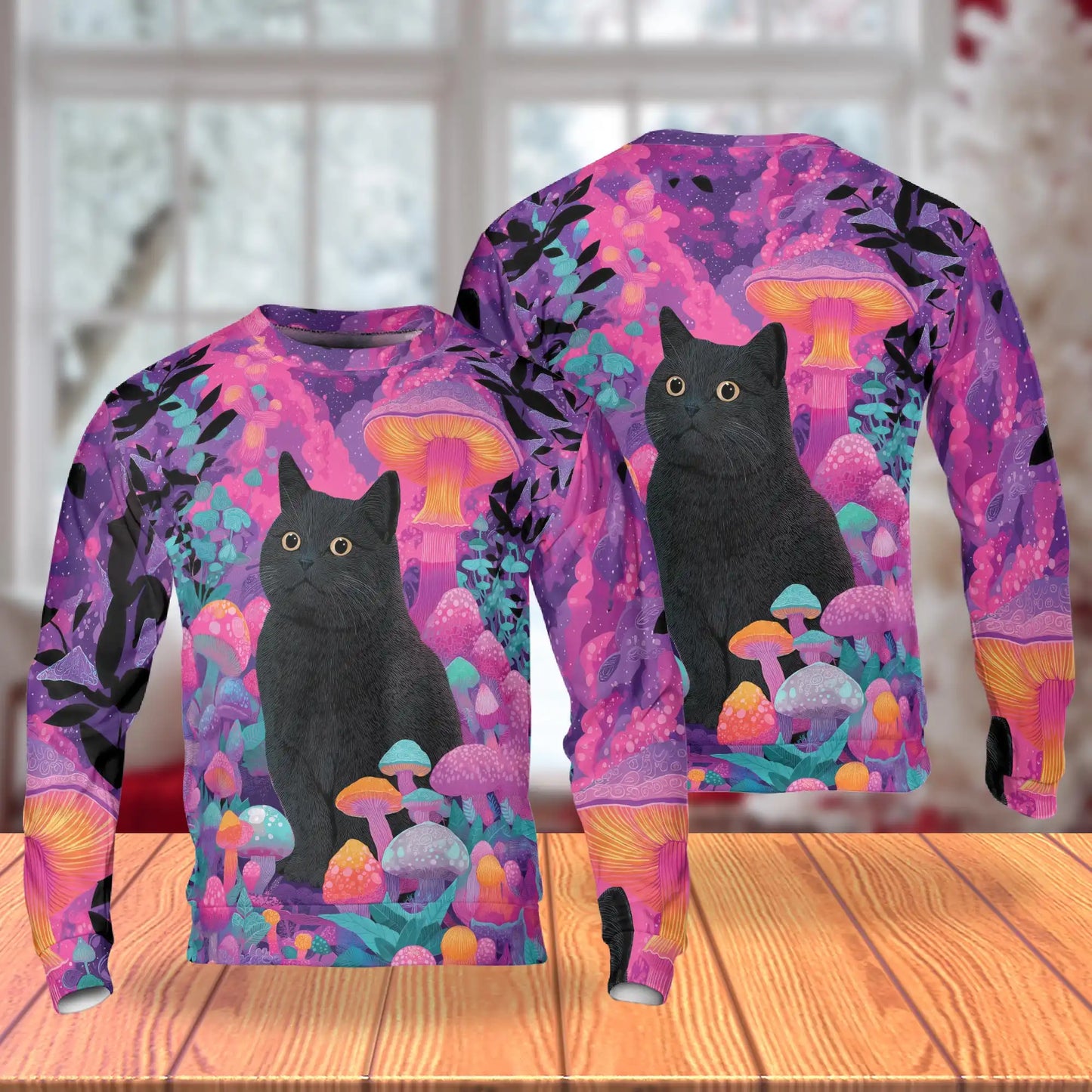 Psychedelic Black Cat Mushroom Sweatshirt, 3D All Over Print Fantasy Feline Crewneck Pullover for Men Women, Cat Lover Gift - Netecom