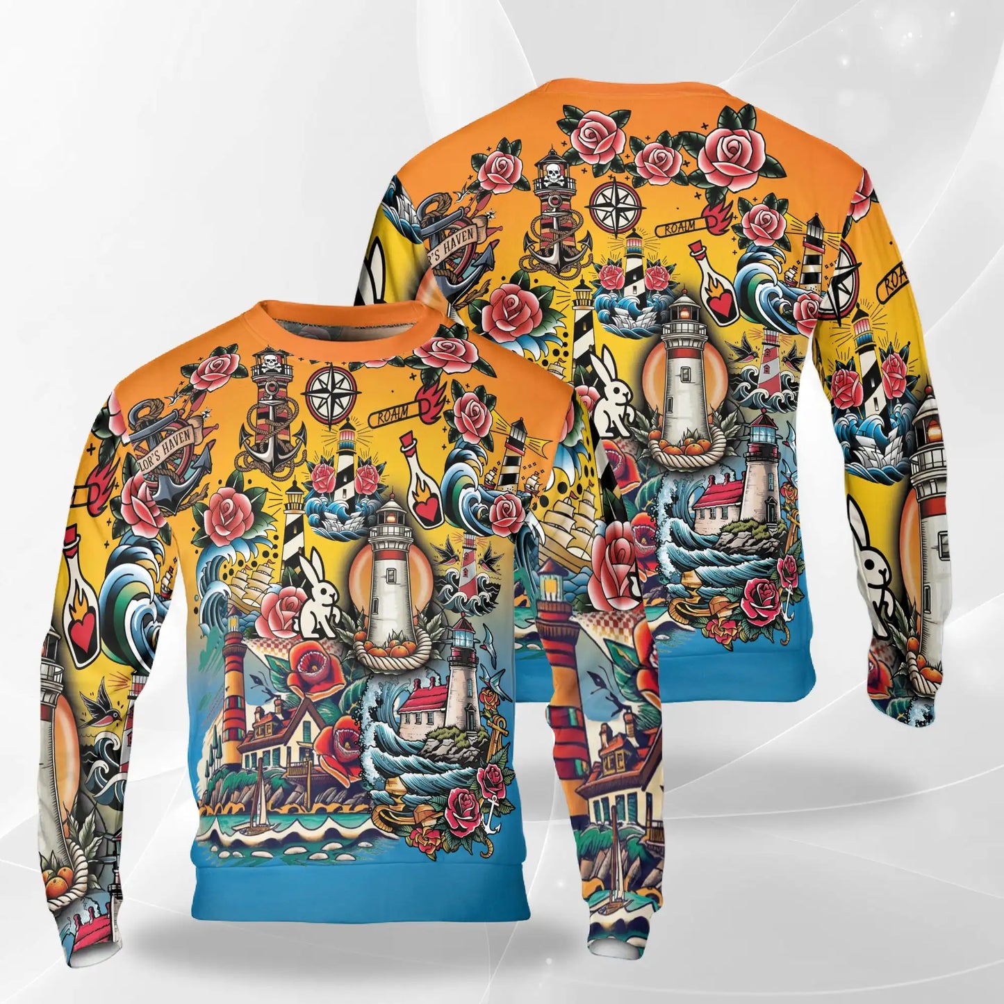 Traditional Lighthouse Sweatshirt, 3D All Over Print Coastal Nautical Crewneck Pullover for Men Women, Lighthouse Lover Gift - Netecom