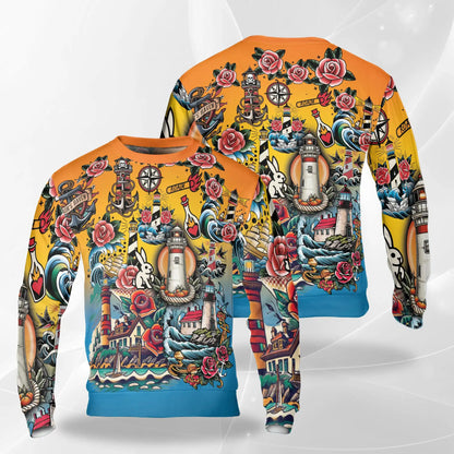 Traditional Lighthouse Sweatshirt, 3D All Over Print Coastal Nautical Crewneck Pullover for Men Women, Lighthouse Lover Gift - Netecom