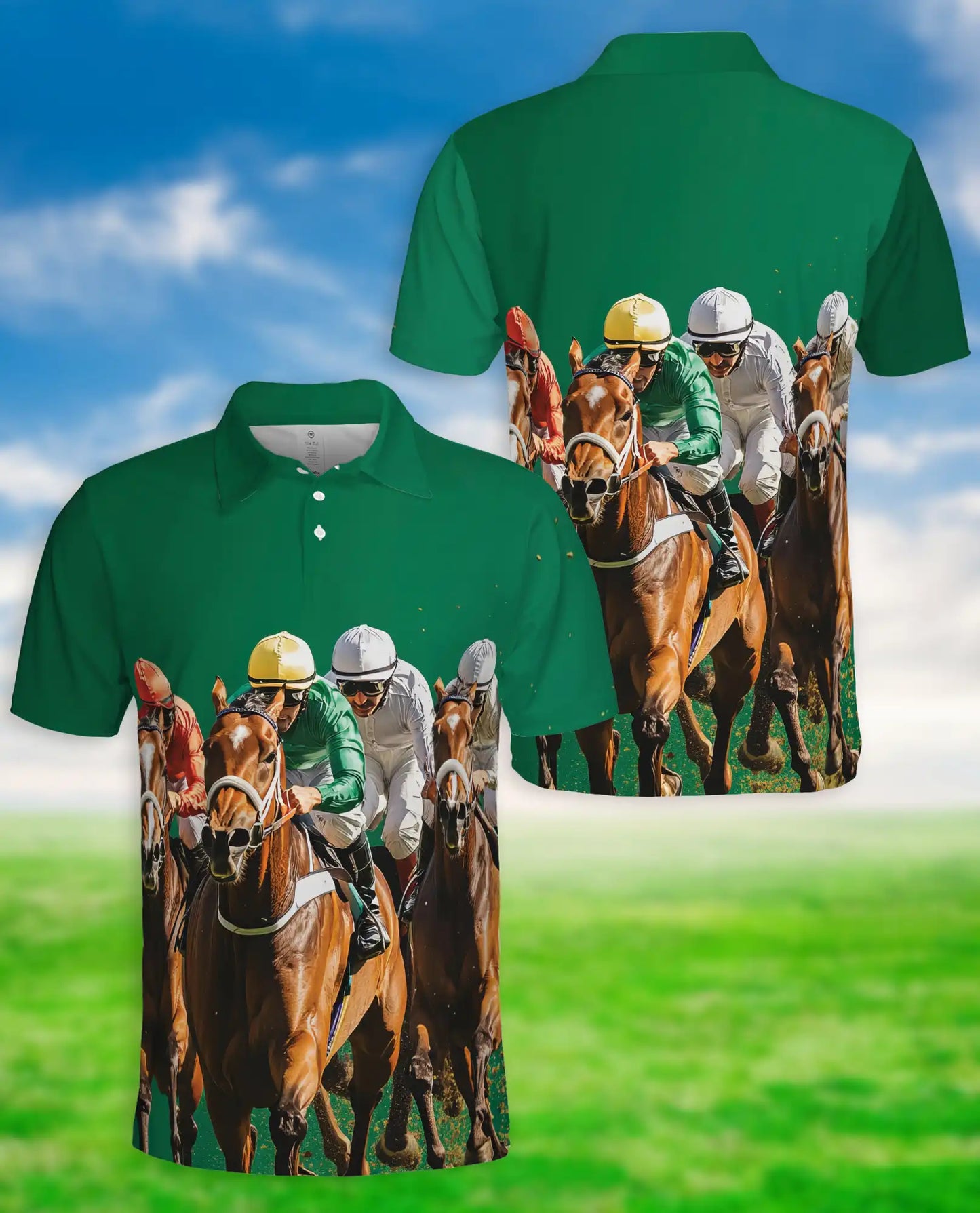 Green Horse Racing 3D Polo Shirt for Men – Jockey Derby Sports Style | Netecom