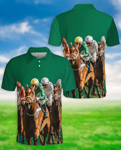 Green Horse Racing 3D Polo Shirt for Men – Jockey Derby Sports Style | Netecom