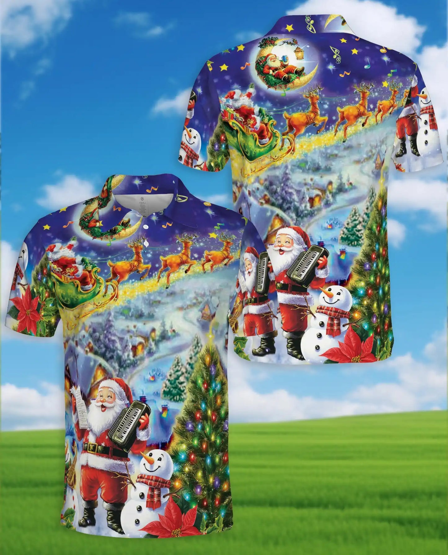 Musical Santa Christmas Polo Shirt for Men - Reindeer Sleigh Xmas | Netecom