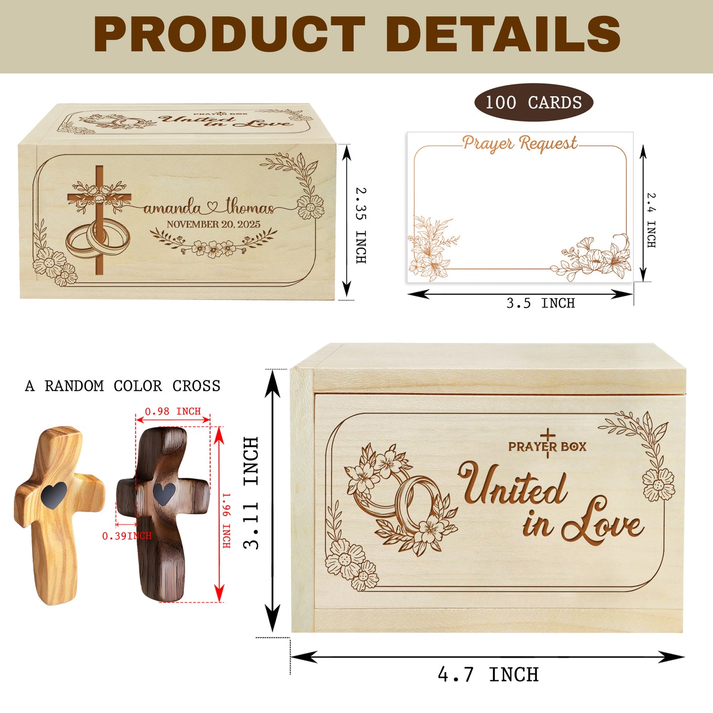 Netecom Personalized Marriage Prayer Box with Custom Name & Wedding Date, Christian Wedding Gift, Prayer Request Cards with Cross, United in Love Keepsake for Couples