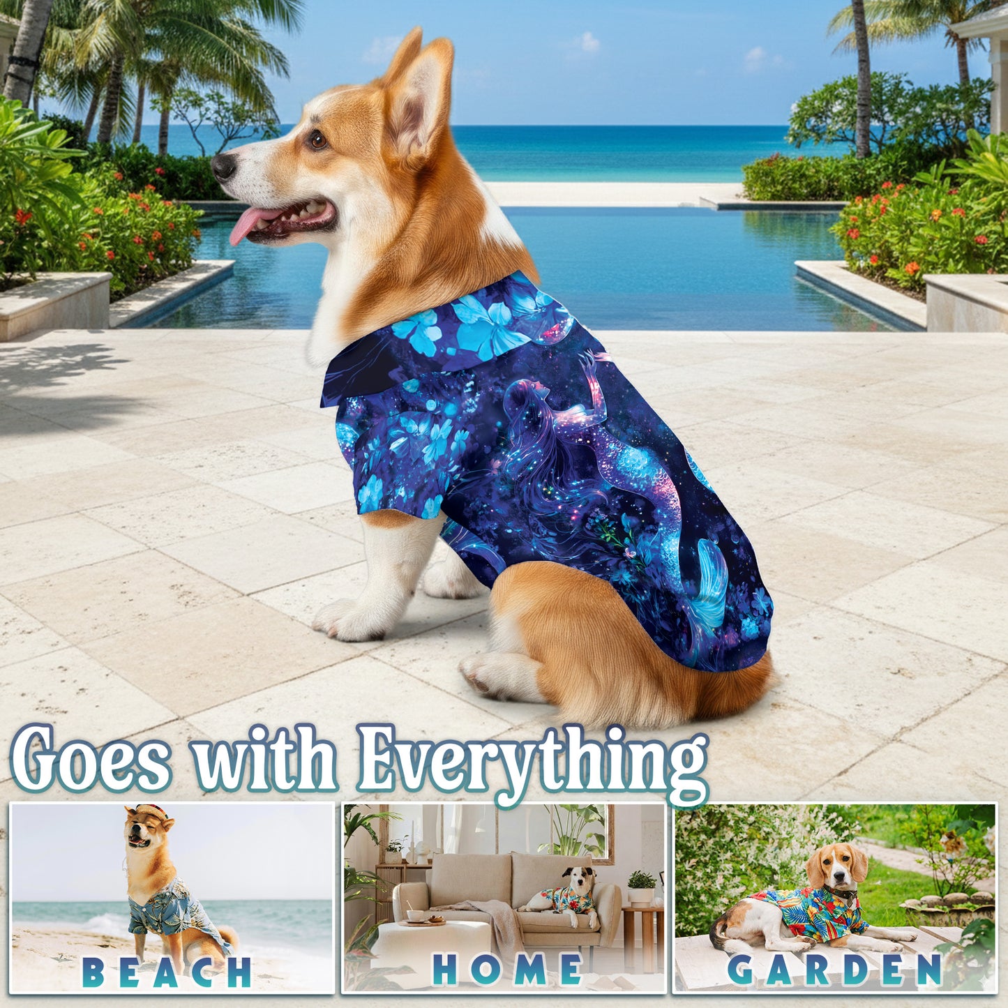 Netecom Matching Floral Mermaid Aloha Hawaiian Shirt for Dog and Owner, Black Ocean Inspired Summer Shirt, Relaxed Casual Outfit for Pet and Human