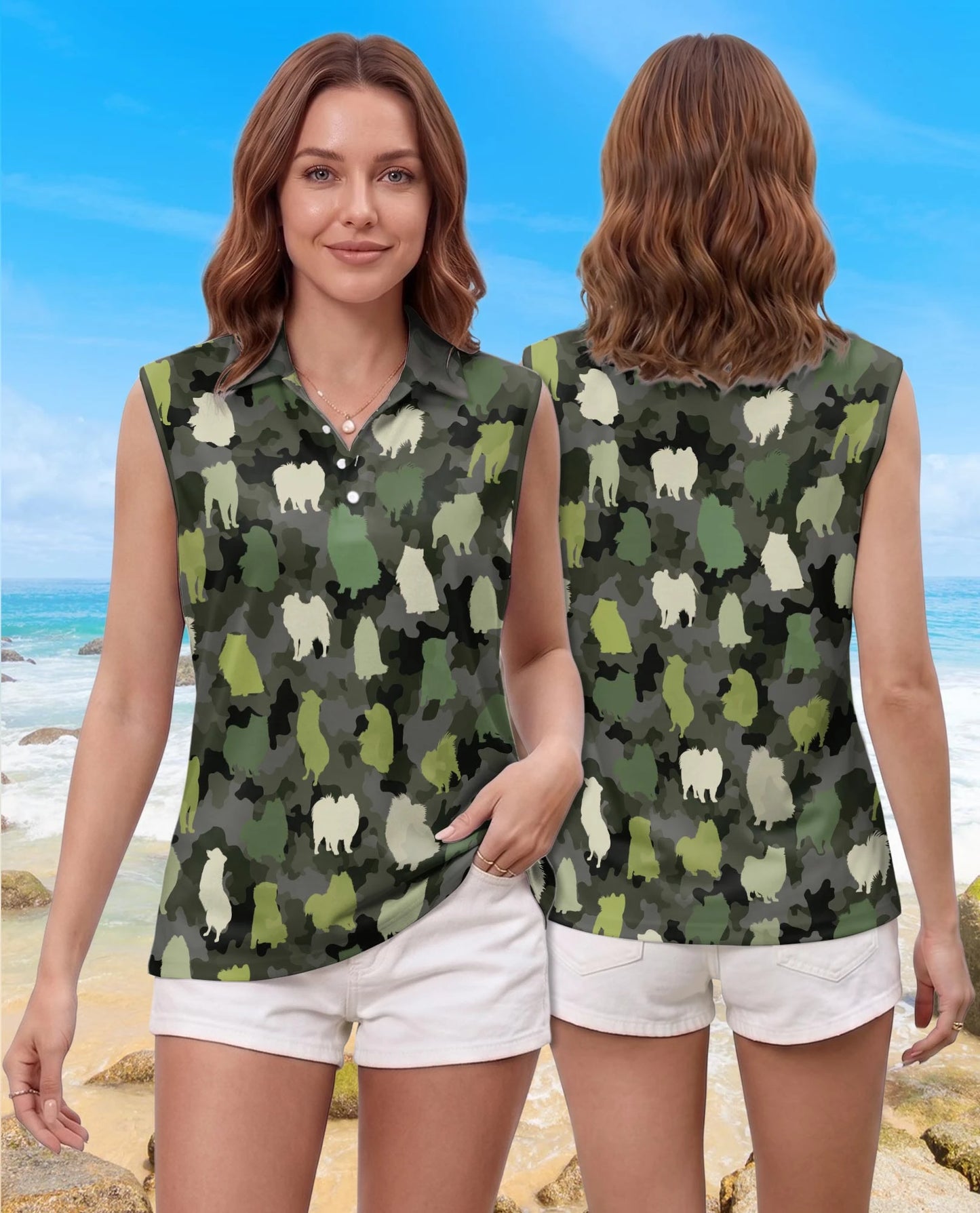 Pomeranian Camouflage Pattern Sleeveless Polo Shirt for Women | Netecom
