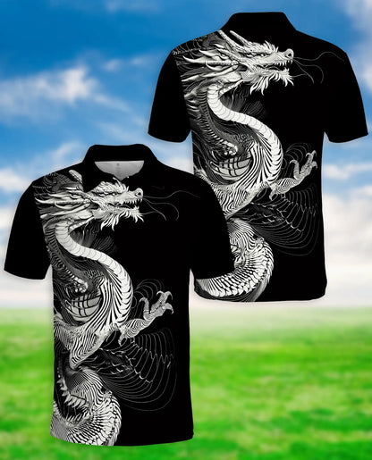 Black White Dragon 3D Polo Shirt for Men – Asian Fantasy Art Style | Netecom