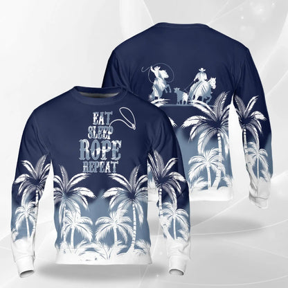 Eat Sleep Rope Repeat Sweatshirt, 3D All Over Print Rodeo Cowboy Crewneck Pullover for Men Women, Roping Lover Gift - Netecom
