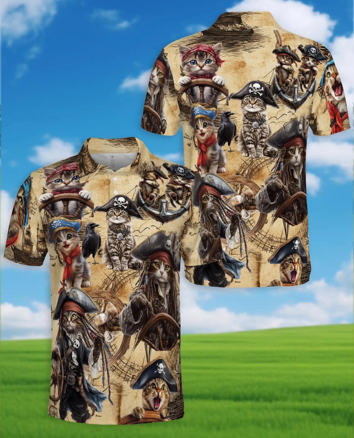 Pirate Cat Polo Shirt - Nautical Pirate Kitten Adventure Design | Netecom