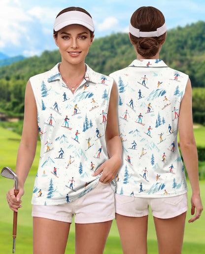 Ski Print Sleeveless Polo Shirt for Women – Winter Sports Adventure Style | Netecom