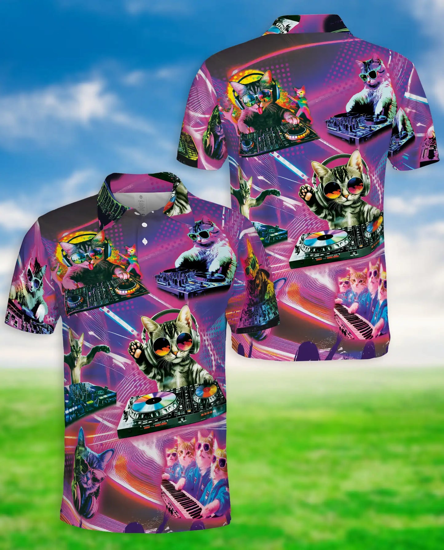DJ Cat Party Polo Shirt-Neon Music Festival Funny Cat DJ Design | Netecom