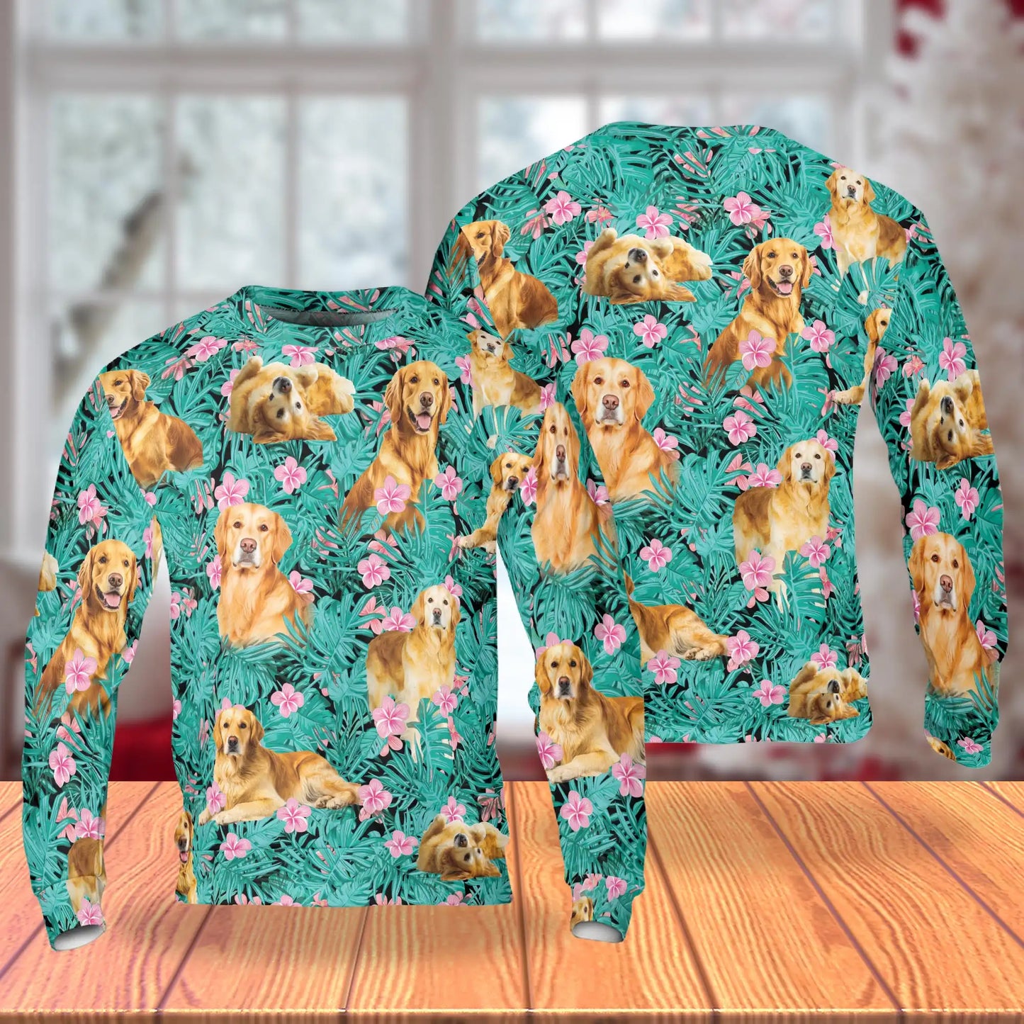 Palm Leaves Golden Retriever Sweatshirt, 3D All Over Print Tropical Dog Crewneck Pullover for Men Women, Golden Retriever Lover Gift - Netecom
