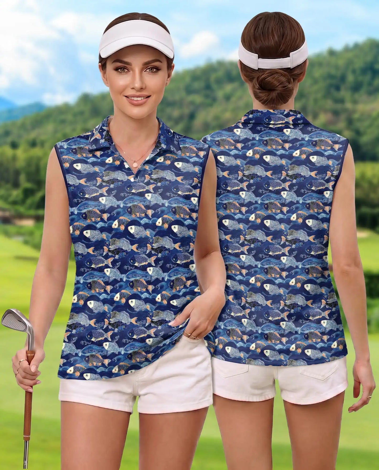 Japanese Koi Fish And Waves Sleeveless Polo Shirt for Women | Netecom