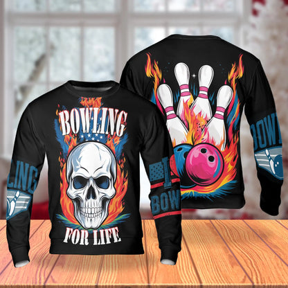 Bowling Skull Fire Sweatshirt, 3D All Over Print Fiery Bowling Crewneck Pullover for Men Women, Bowler Gift - Netecom