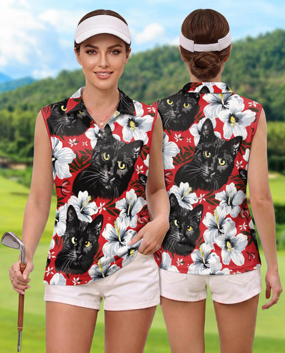 Black Cat Sleeveless Polo Shirt for Women | Netecom