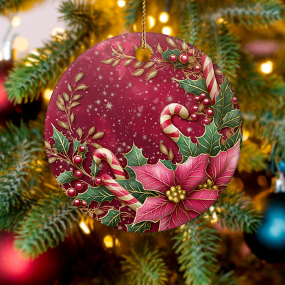 Netecom Pink Poinsettia and Holly Berries Leaves Christmas Ornament, Ceramic Candy Cane Keepsake Ornament for Xmas Tree Decorations, Gifts for Holiday, Party, Home Decor
