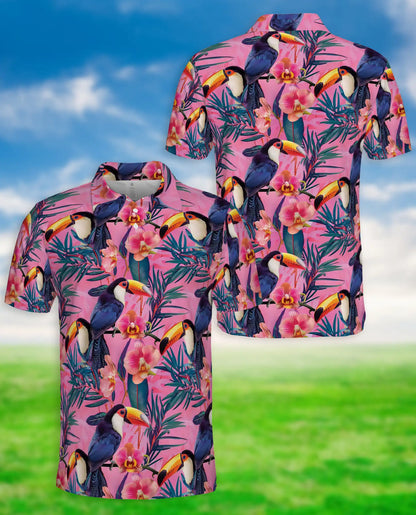 Pink Tropical Toucan Polo Shirt Exotic Bird Floral Print | Netecom