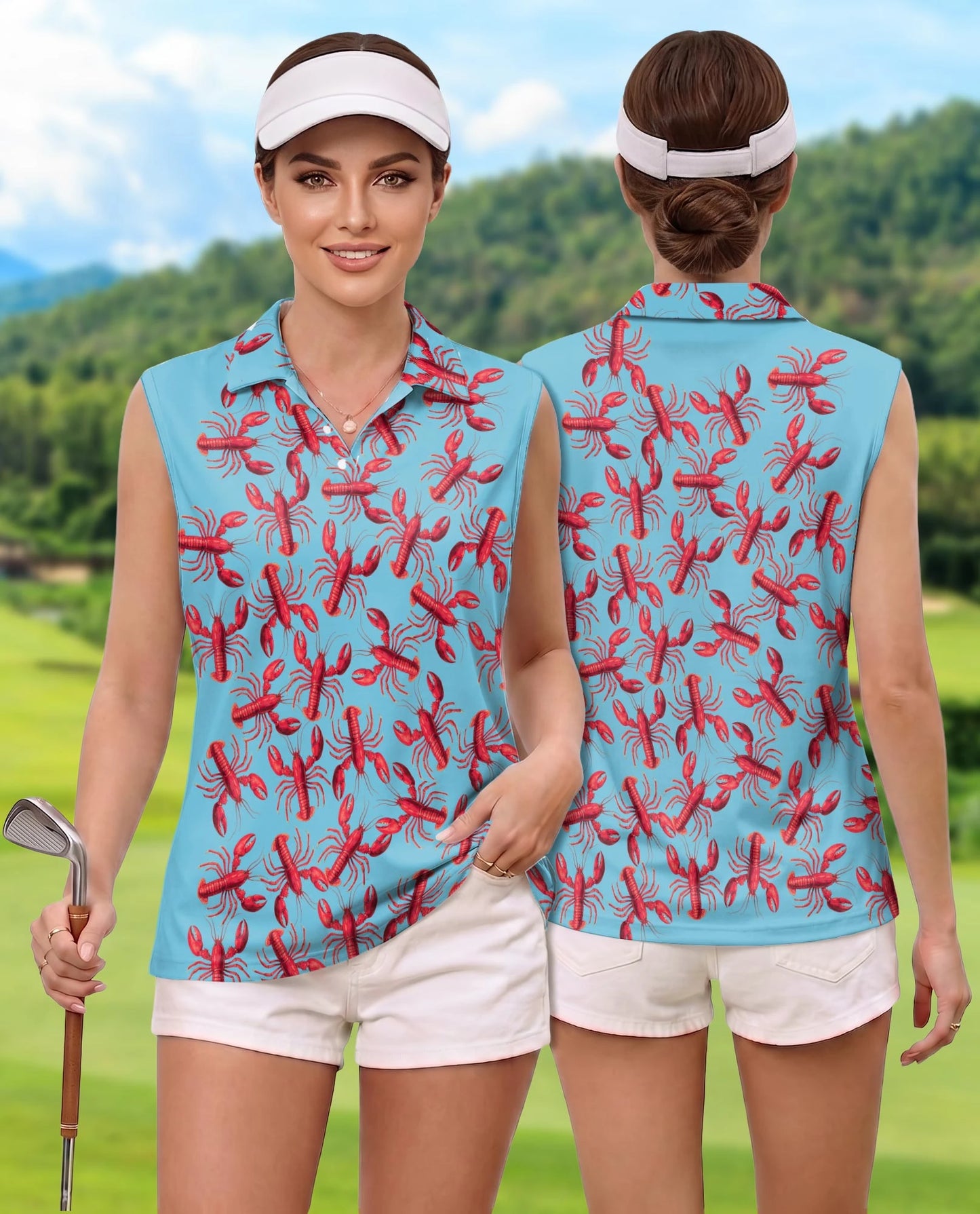Lobster Red Pattern Sleeveless Polo Shirt for Women | Netecom