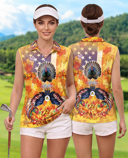 Turkey and Eagle Thanksgiving Sleeveless Polo Shirt for Women | Netecom