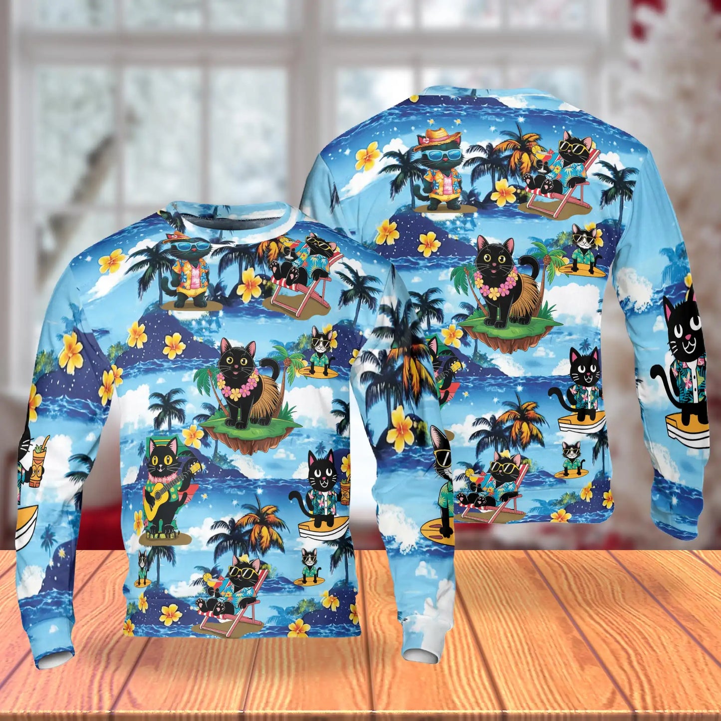 Funny Black Cat Aloha Beach Sweatshirt, 3D All Over Print Tropical Cat Crewneck Pullover for Men Women, Black Cat Lover Gift - Netecom