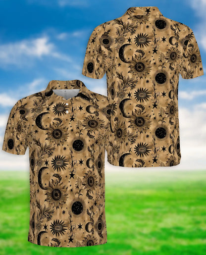 Celestial Sunflower Polo Shirt for Men-Boho Moon Stars Botanical Floral Shirt | Netecom